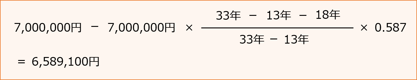 700万円マイナス700万円かける33年マイナス13年マイナス18年割る33年マイナス13年かける0.587