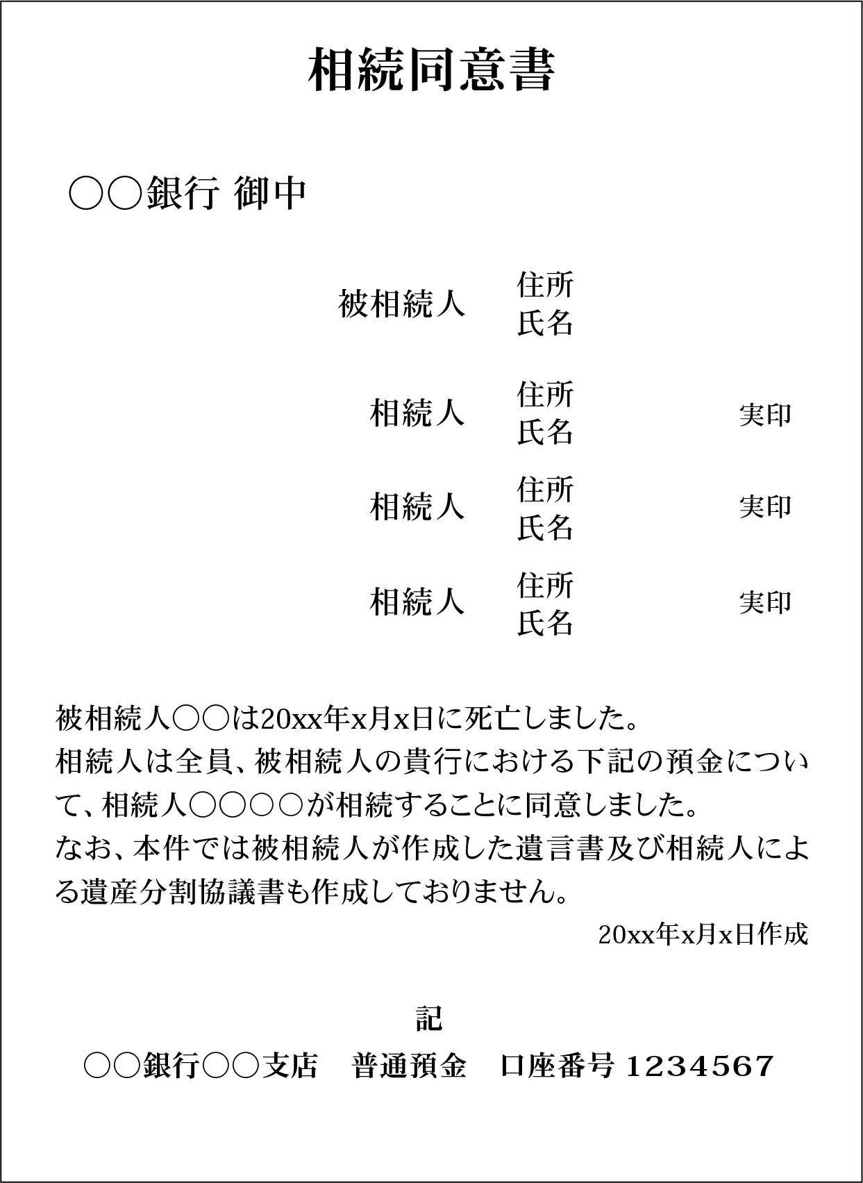 相続同意書の書面画像