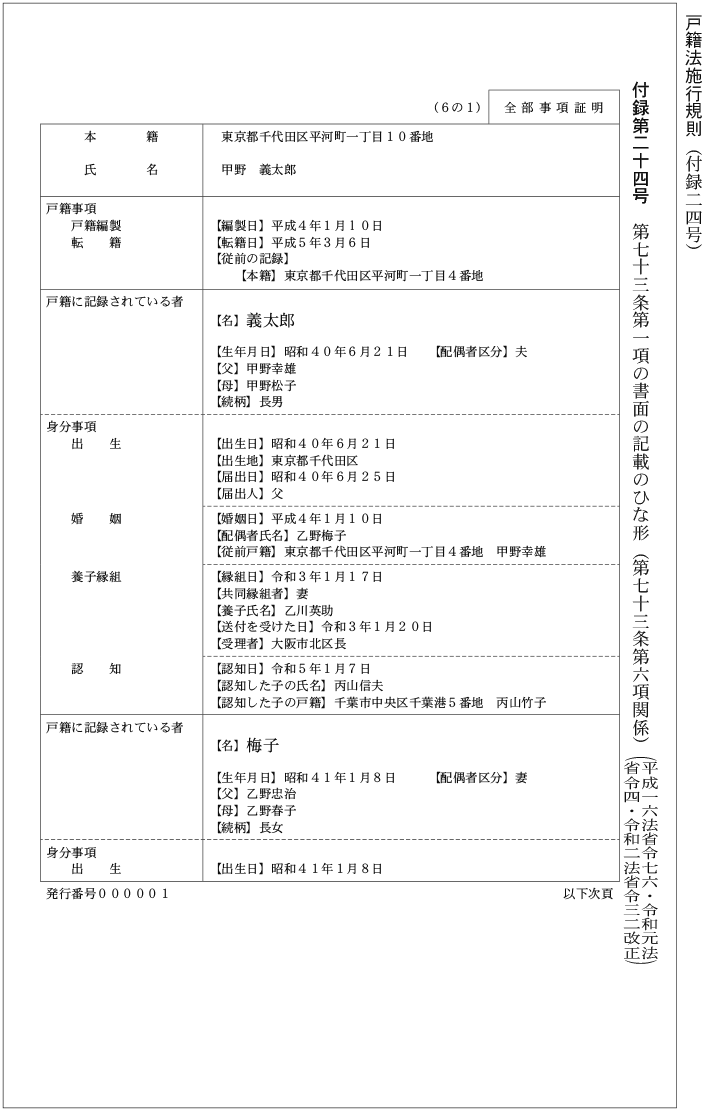 戸籍横書き見本